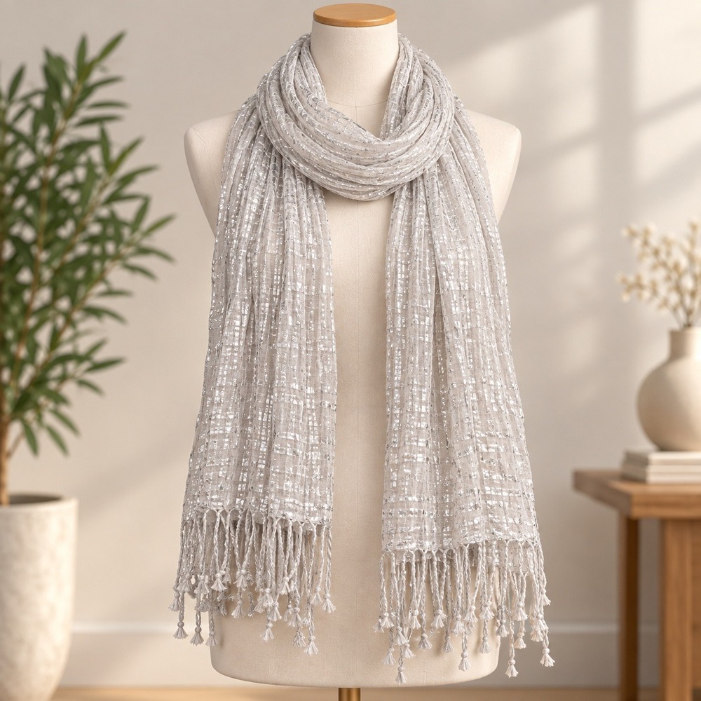 Unbranded Scarf Womens OS Silver Metallic Textured Grid Fringe Tassel Wrap